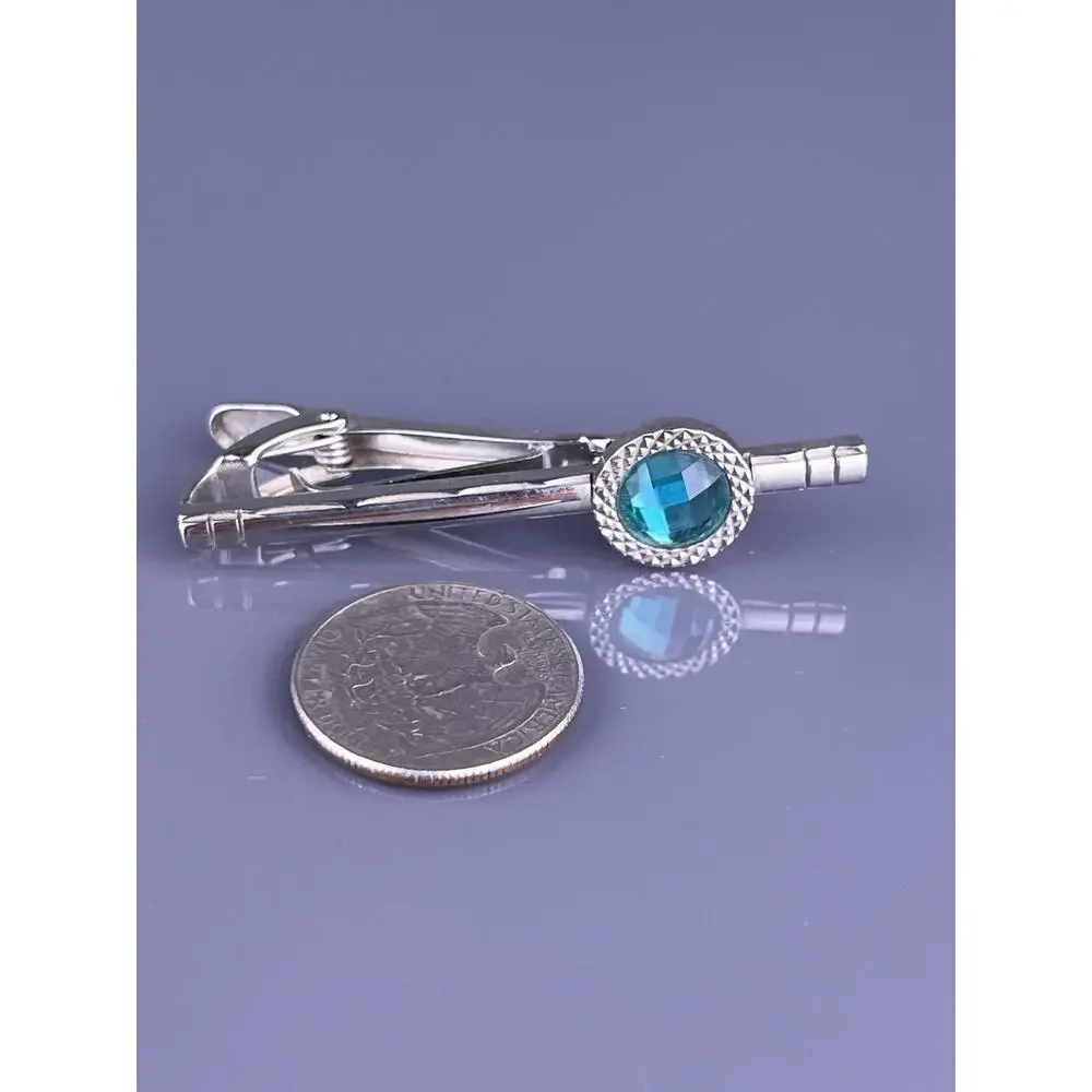 Round Blue Cut Rhinestone Cufflinks Tie Clip Pin Silver Tone Laser Cut Point VTG